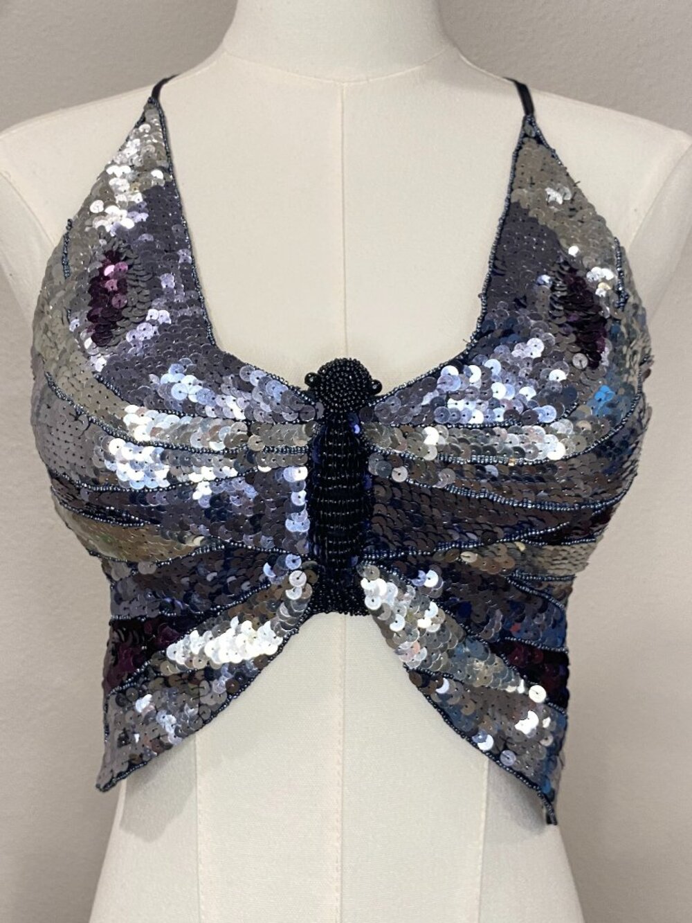 Vintage Y2K / 90s Silver Sequin Butterfly Bustier Bra Top – Size Small